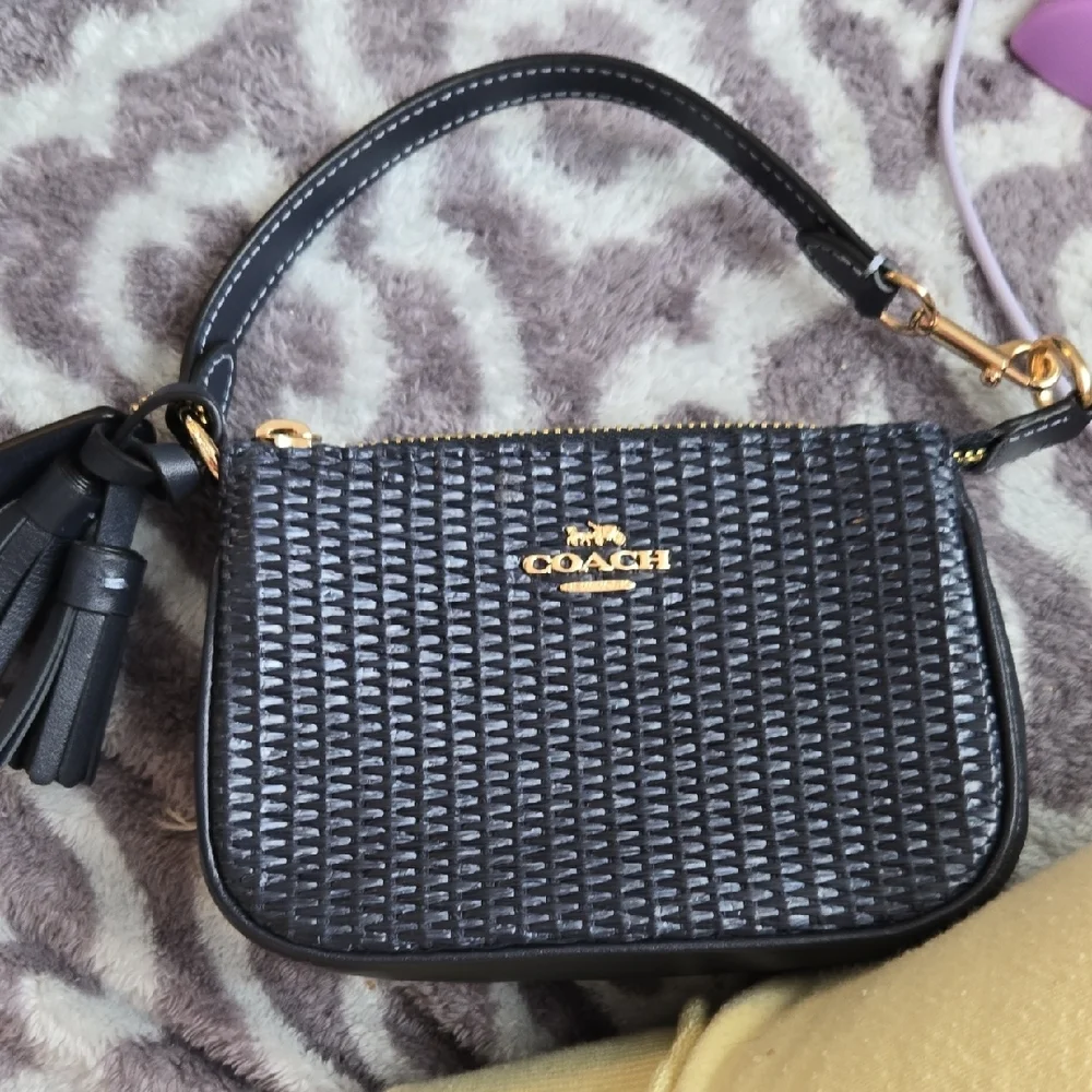 Coach Dark Navy Blue Woven Leather Mini Wristlet with Gold Hardware - Picture 3 of 13